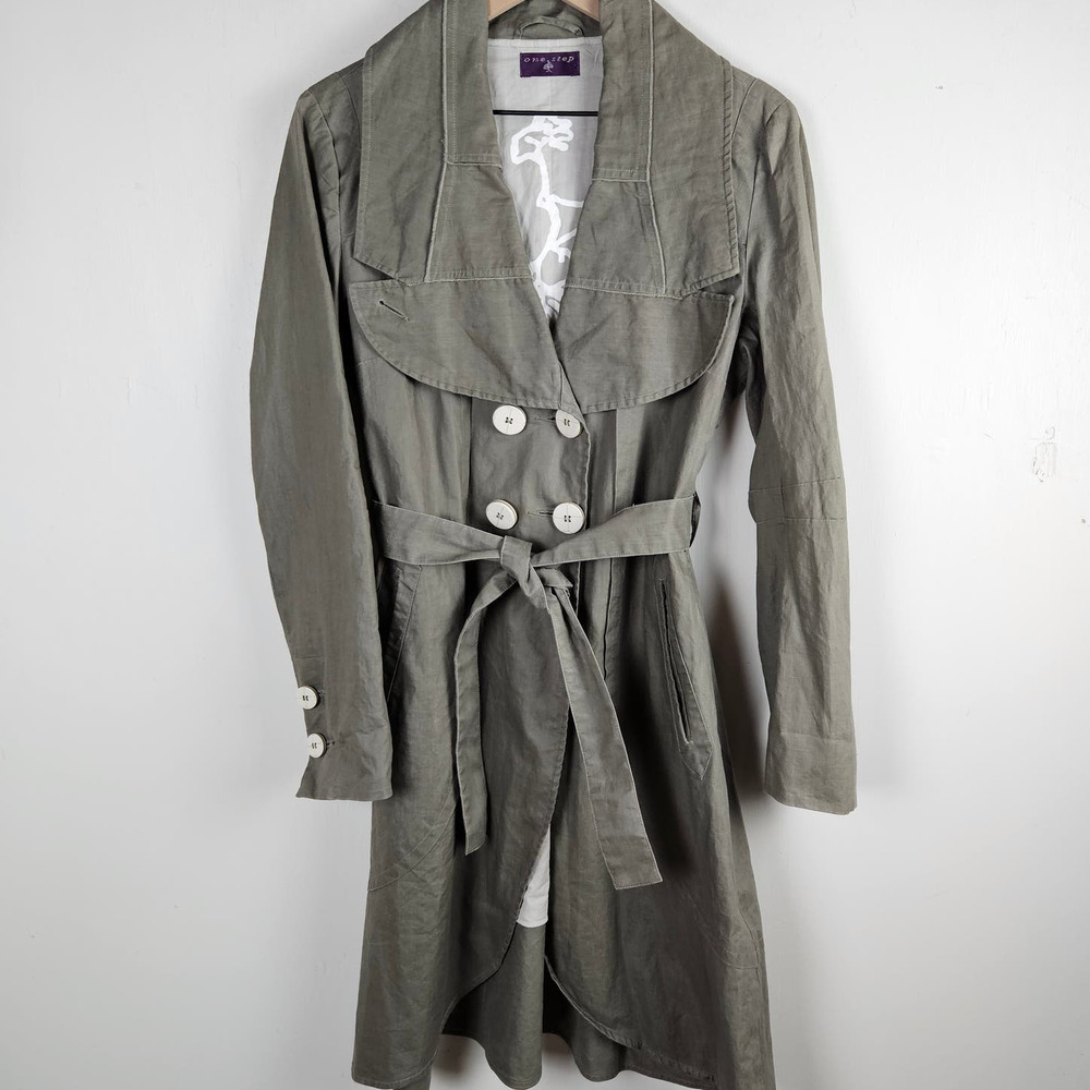 One Step Linen Belted Peacoat Jacket Women's‎ Sz 42 L Taupe Grey Artsy